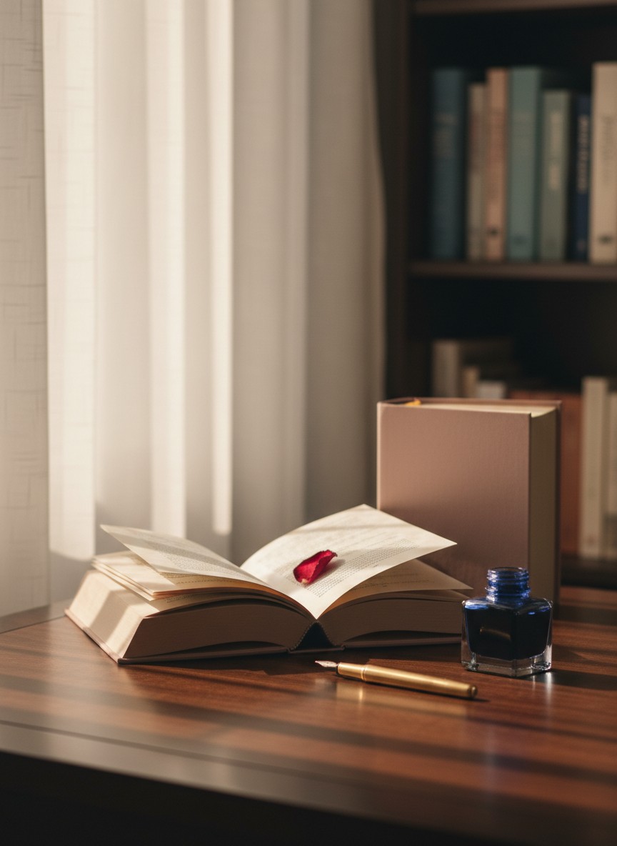 An open book, a fountain pen and an ink bottle on a warm wood desk, with a rose petal resting on the page